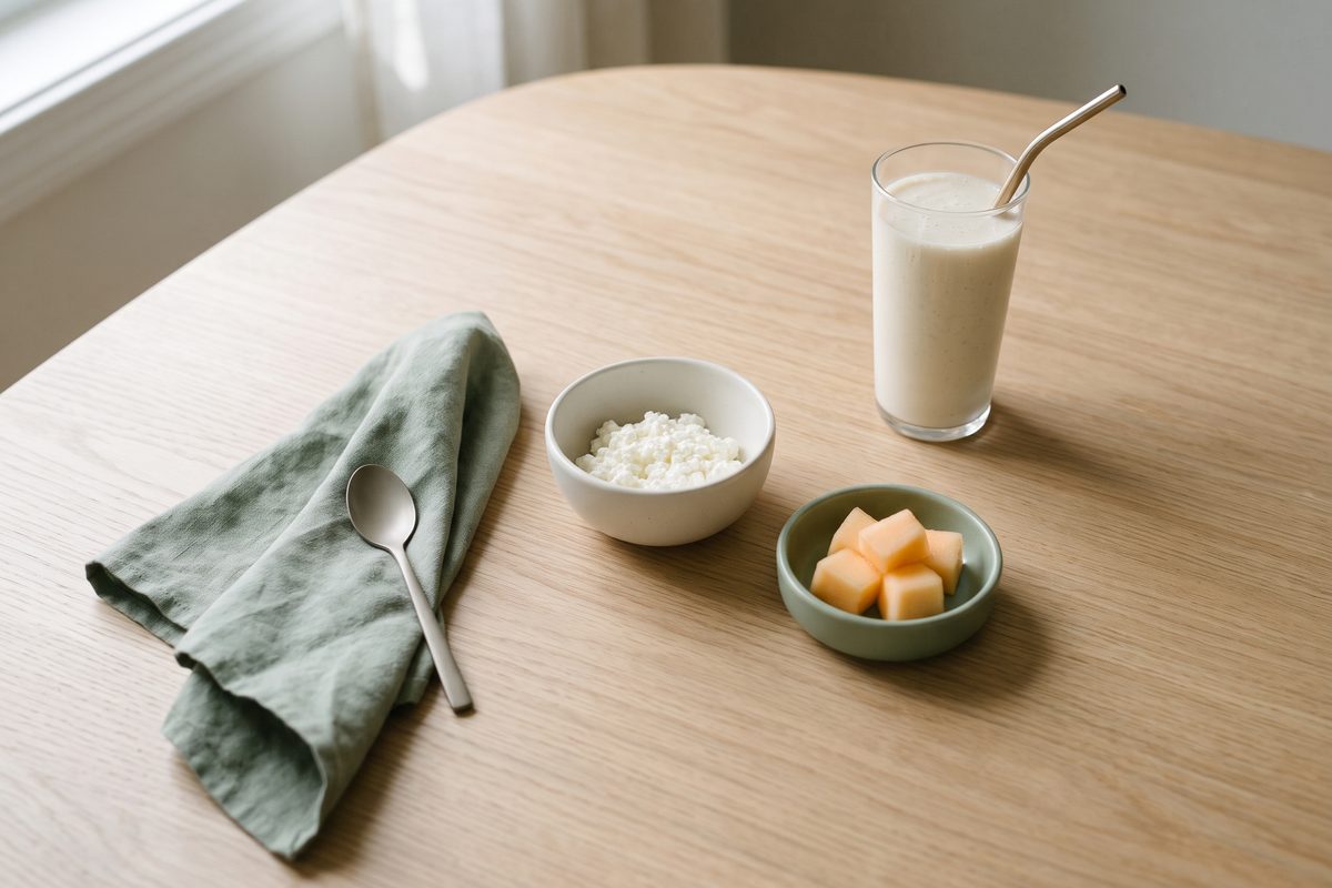 A tall protein smoothie, a small bowl of cottage cheese and a dish of melon cubes on a light table