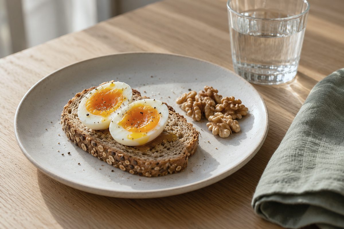 Two soft boiled eggs on whole grain toast, a handful of walnuts and a glass of water in morning light