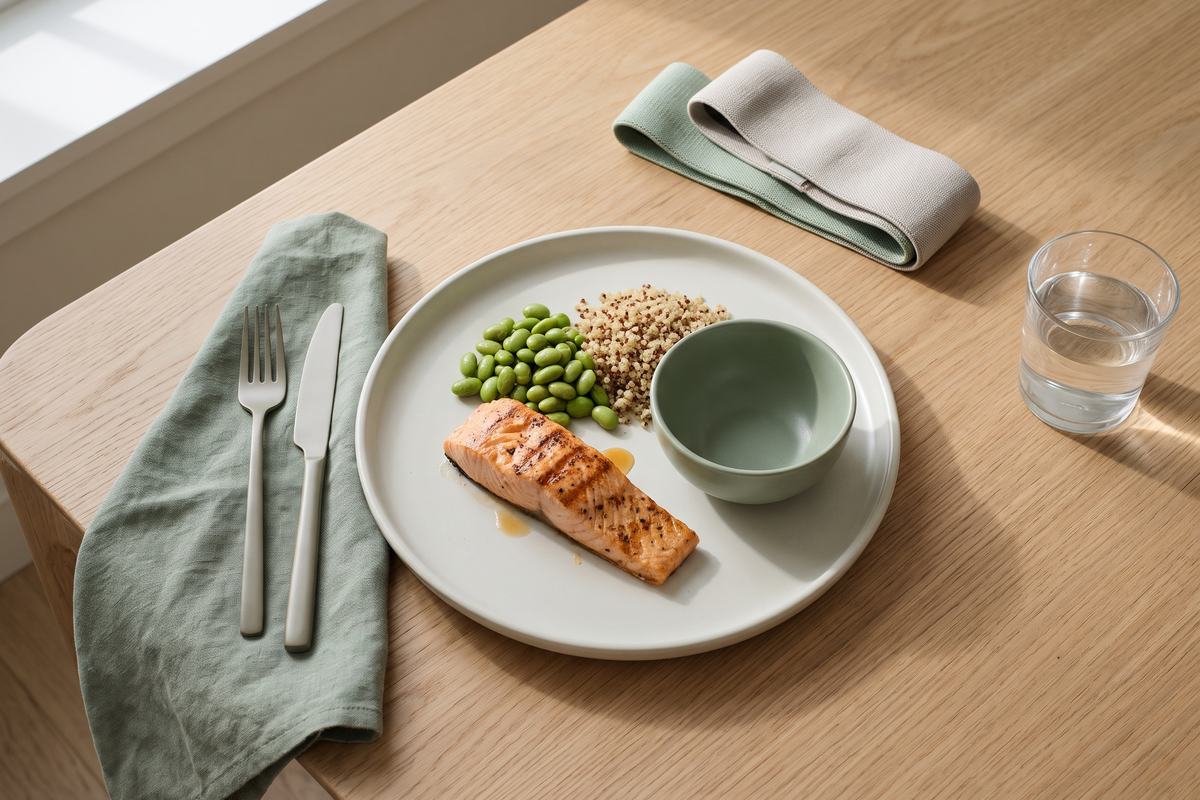 A plate of grilled salmon, edamame and quinoa with a pair of resistance bands folded beside it