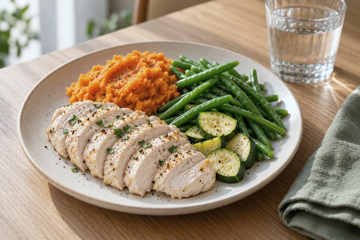 A full plate of sliced poached chicken, mashed sweet potato, green beans and zucchini with a glass of water