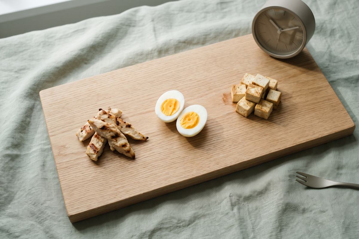 Grilled chicken strips, halved boiled eggs and tofu cubes on a wooden board with a small clock